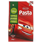 Cars Pasta with Tomato and Spinach, grocery product featuring uncooked pasta with tomato and spinach ingredients.