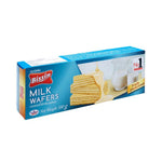 BISSIN Milk Wafers 100g box showing golden-brown layered wafers with creamy milk filling, packaged in a colorful wrapper.