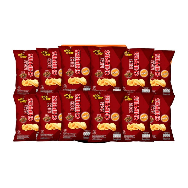 RISE BUDDY BBQ Rice Chippies, crispy halal rice snack in a pack of 12, FDA approved, showing golden, crunchy rice chips.
