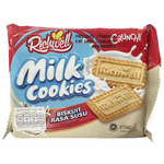 Richwell Milk Cookies confectionery snacks featuring golden-brown cookies with milk flavoring and creamy filling.