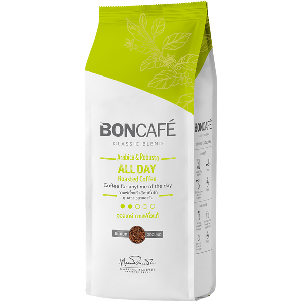 Boncafe All Day Coffee drink in a clear glass with dark coffee and ice, showcasing a refreshing coffee beverage.