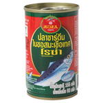 Canned Roza Sardines in tomato sauce, packed in a metal can, with sardines visible through the open lid on a grocery shelf.