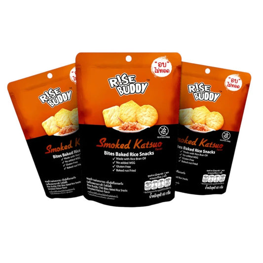 RISE BUDDY Crispy Rice Snack 3-pack with smoked katsuo flavor, FDA Halal, healthy baked rice snack with six flavors visible in the image.