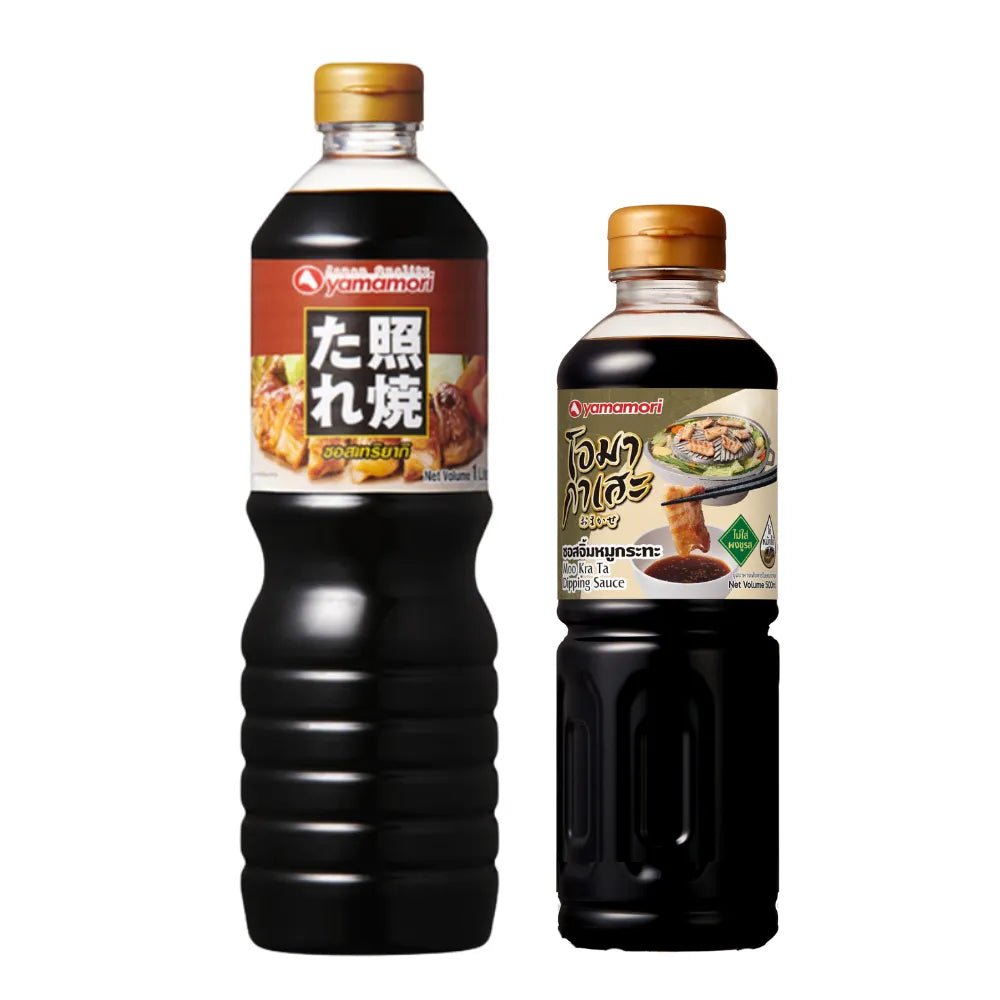 YAMAMORI Teriyaki Sauce 1L and OMAKASE Moo Kra Ta Dipping Sauce 200mL in bottles, ideal for Asian cuisine and dipping.