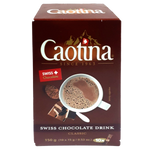 Caotina Swiss chocolate drink powder in a jar with a scoop, ready to make rich, creamy hot chocolate.