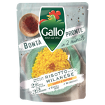 Riso Gallo Risotto Pronto Milanese with saffron, a quick cook grocery rice dish featuring vibrant yellow saffron flavor.