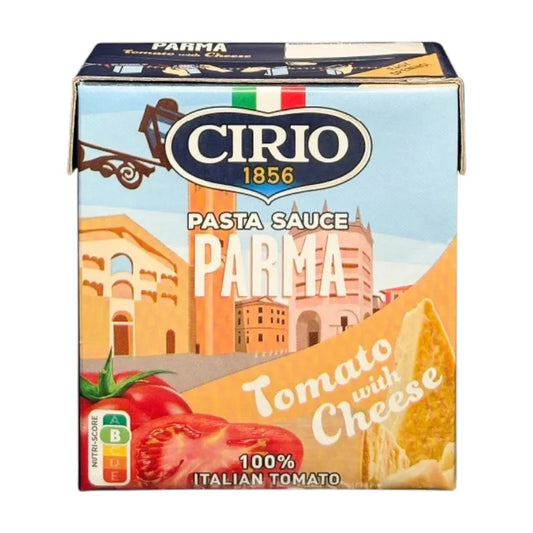Jar of Cirio Parma Pasta Sauce with ripe tomatoes and herbs in a glass jar, ready for pasta dishes.