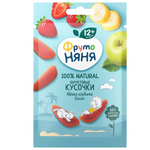Sliced apple and strawberry confectionery snacks by Frutonanny, colorful fruit pieces displayed in a clear container.