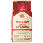 Aroma Mellow Arabica roasted coffee drink in a clear glass cup, showcasing rich, dark coffee with a smooth appearance.