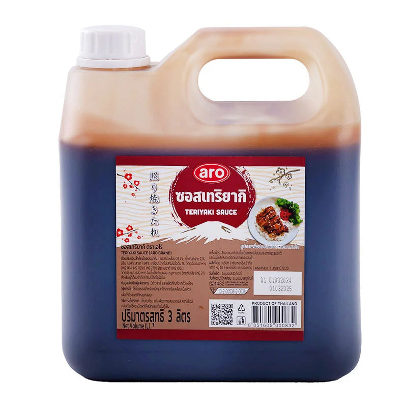 Bottle of ARO Teriyaki Sauce 3L with clear label and cap, showcasing the Japanese-inspired marinade for stir-fries and grilled dishes.