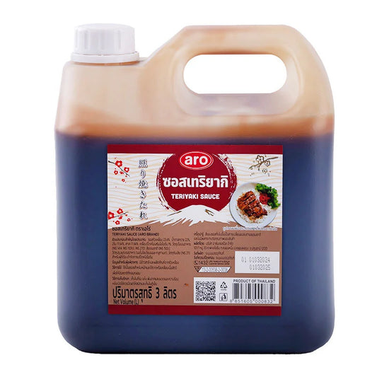 Bottle of ARO Teriyaki Sauce 3L with clear label and cap, showcasing the Japanese-inspired marinade for stir-fries and grilled dishes.