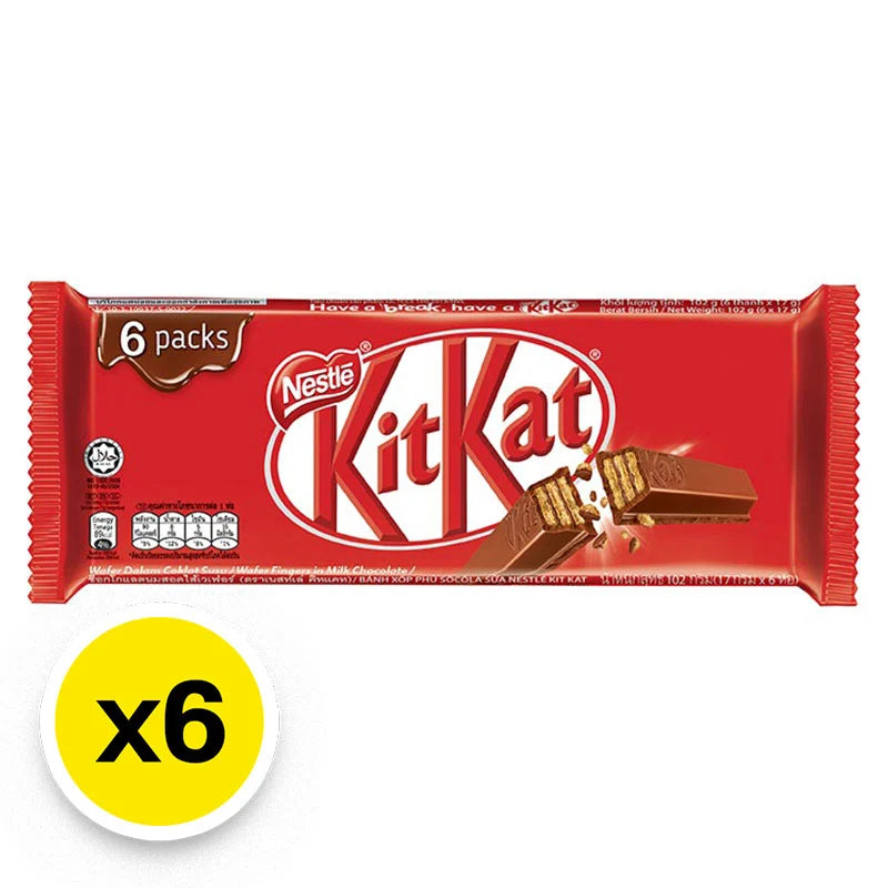 Six KITKAT wafer fingers in milk chocolate multipack, showing the crispy wafer layers covered in smooth milk chocolate.