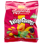 Assorted Maynards Bassetts Wine Gums, colorful confectionery snacks in various fruit flavors, arranged in a pile.