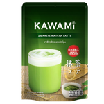 Kawami Matcha Latte drink in a clear glass with frothy green matcha on top, served in a stylish setting.