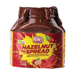 Nims Chocolate Spread jar from dry grocery, showing the label and creamy chocolate spread inside a glass jar.