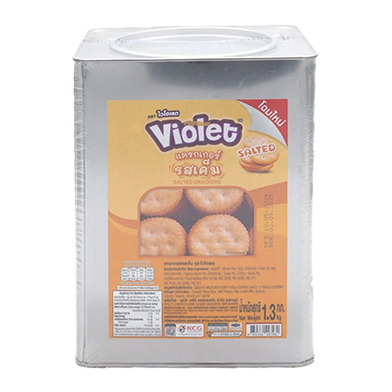 VIOLET Salted Cracker package in 1.3 kg, showing the colorful box with salted crackers inside