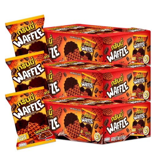 Grinny Waffle Crisp Extreme Chocolate flavor snack pack, 18g x12 packs, crispy chocolate waffles in a convenient packaging