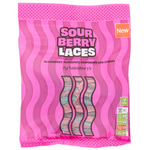 Sainsbury's Sour Berry Laces, colorful confectionery snack with sour berry flavor, twisted candy strands on a white background.
