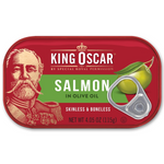 Canned King Oscar salmon in olive oil, shiny silver can with label, ready for gourmet seafood dishes.