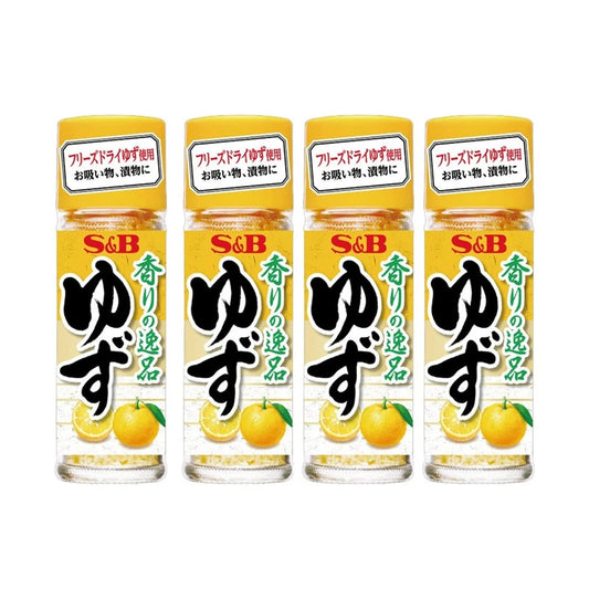 S & B Japanese Yuzu seasoning bottles for soup and pickles, 4.5g each, fresh citrus flavor with yellow yuzu fruit and seasoning labels
