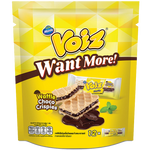 Voiz waffle snack filled with chocolate-flavored cream and topped with rice crispy bits, a sweet confectionery treat.