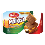 Malkist Cappuccino confectionery snack with crispy biscuits and coffee-flavored coating in a bright packaging.