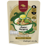 Maesriruen Green Curry Soup in a bowl, featuring vibrant green curry with vegetables and herbs from the grocery product line.