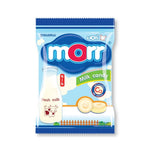 MORR Calcium Added Milk Candy 94.5g, a dry grocery snack with creamy milk flavor and colorful candy pieces in a sealed package.