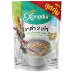 Xongdur instant cereal drink with black sesame, low sugar, in a glass showing creamy beverage with black sesame seeds.