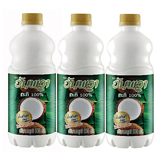 AMPAWA Coconut Milk PET bottle, 500 ml, packed in a set of three, featuring creamy coconut milk in clear plastic bottles.