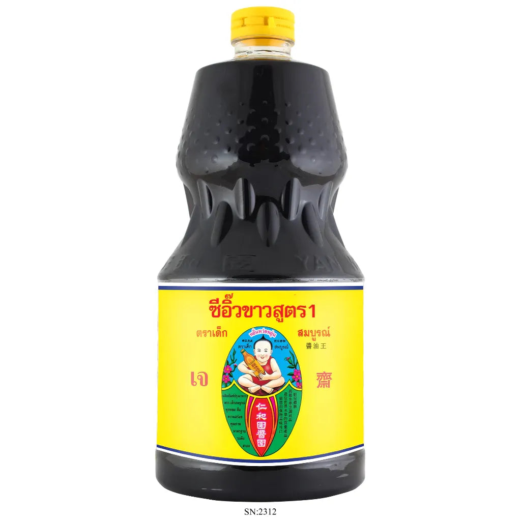 Bottle of DEKSOMBOON Thin Soy Sauce, 2000 ml, with clear label and dark liquid inside, on a plain background.