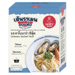 Happy Noodles gluten-free ramen with seafood and carbonara flavor, shown in a bowl with noodles, seafood, and garnish.