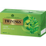 A cup of brewed Twinings Green Tea in a clear glass mug, showcasing the light green color of the tea.