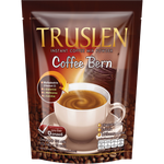 Truslen instant coffee mix powder in a glass mug, showcasing a smooth, frothy coffee drink with a spoon.