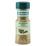 Whole McGarrett oregano in a clear glass jar with a green label, showcasing fresh, dried oregano leaves for cooking and seasoning.