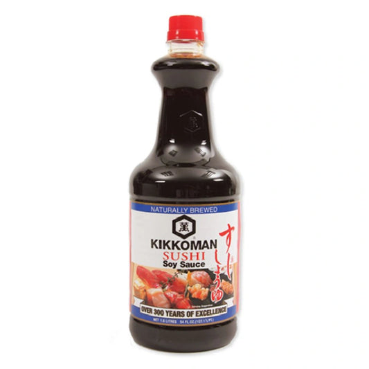 KIKKOMAN Sushi Soy Sauce 1.6 L bottle with dark soy sauce liquid inside, used for sushi and Asian dishes.