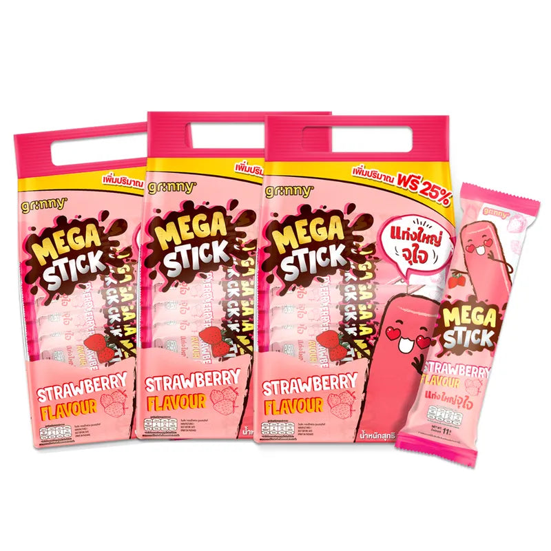 Grinny Strawberry Flavored Corn Snack 11G pack, 20 pieces per box, showing colorful corn snack with strawberry flavor accents.