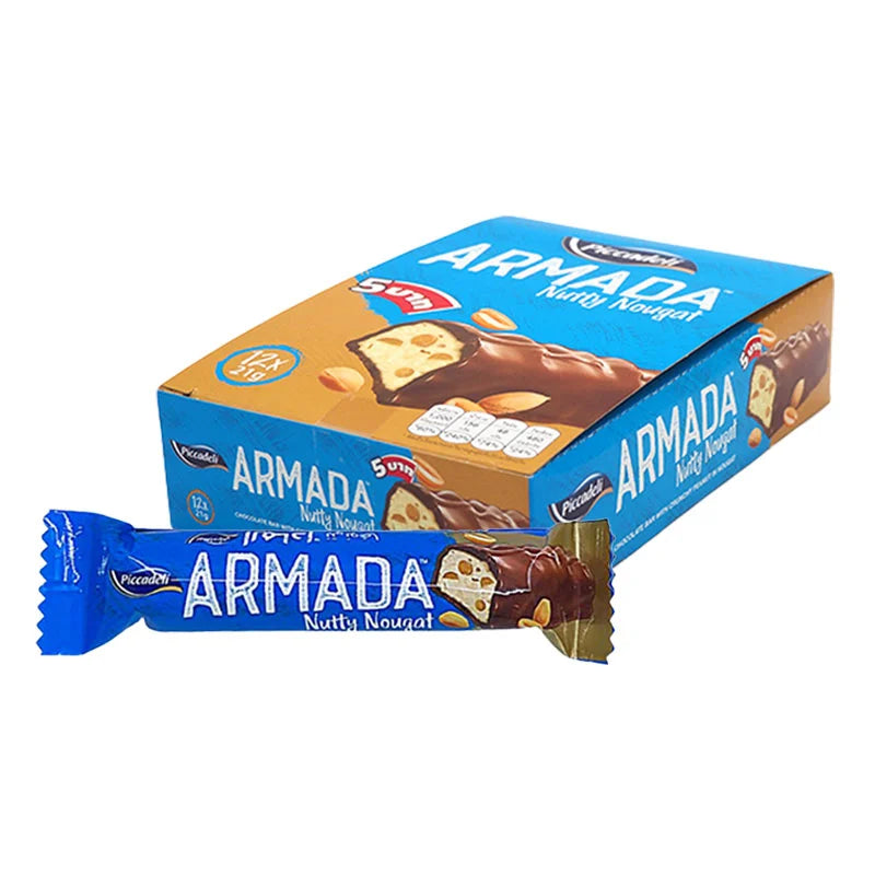 PICCADELI Armada Nutty Nougat 21g, a close-up of 12 individually wrapped nutty nougat candies in a display tray.