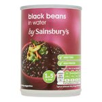 Sainsbury's black beans in water, canned grocery product with black beans visible inside the label and can.