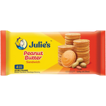 Julie’s Peanut Butter Sandwich Biscuits, layered confectionery snacks with peanut butter filling between crispy biscuits.