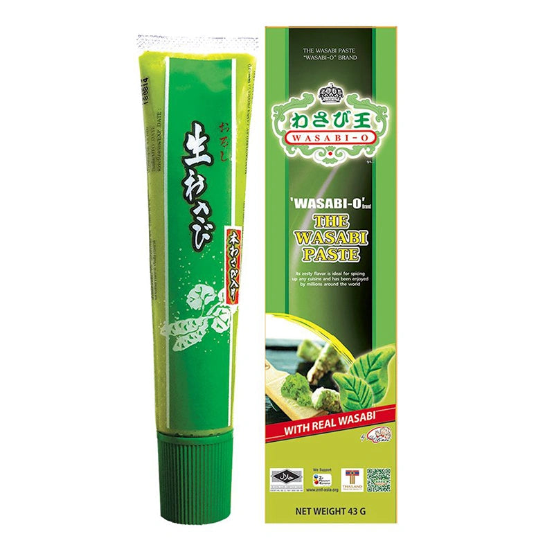 WASABI-O Wasabi Paste 43g jar with green wasabi paste inside, showing its smooth, bright green texture and packaging.