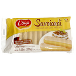 Lago Lady Fingers confectionery snacks in a clear package, showing golden, finger-shaped cookies with a light, crispy texture.
