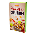 Hahne Fruit Crunch Muesli 375g in a clear bowl, showing dried fruit, oats, and grains, ready for breakfast.