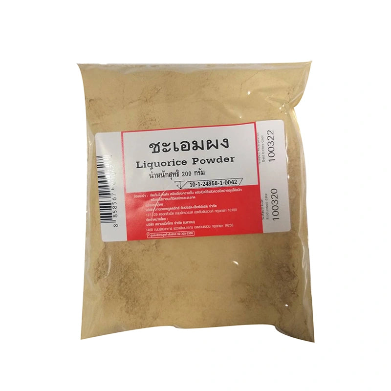 MAKRO Licorice Powder in 200g package, close-up of the dark, finely ground herbal powder on a white background.
