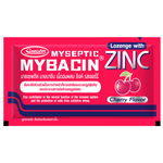 Mybacin Zinc Cherry confectionery snacks in a colorful package, featuring cherry flavor and zinc supplement branding.
