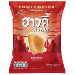 Howdy Crispy Pork Skin Original Flavor, a crunchy confectionery snack with golden pork skin pieces on a white background.