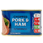 Sainsbury's chopped pork with ham in a grocery package, showing sliced meat ready for cooking or serving.