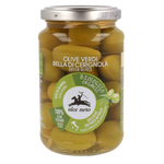 Organic green olives in brine by Alce Nero, shown in a clear glass jar with green olives visible inside.