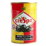 Crespo Black Pitted Olives in 425g jar, dry grocery product with shiny black olives and pitted centers.