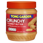 Jar of Tong Garden Crunchy Peanut Butter showing a smooth peanut spread with crunchy bits in a clear glass jar.